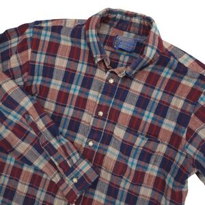 Vintage Pendleton Shirt Mens Large Red Blue Plaid Wool Flannel Made USA 60s